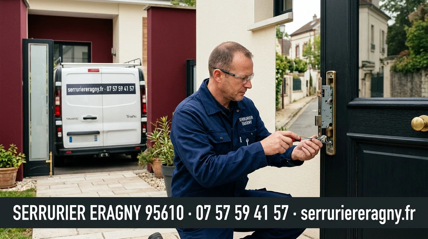 Serrurier Eragny 95610 en intervention avec bannière coordonnées